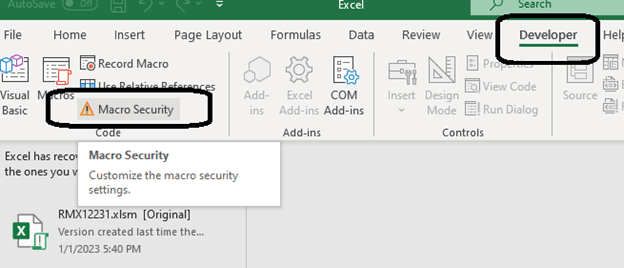 Excel Developer tab with Macro Security settings highlighted.
