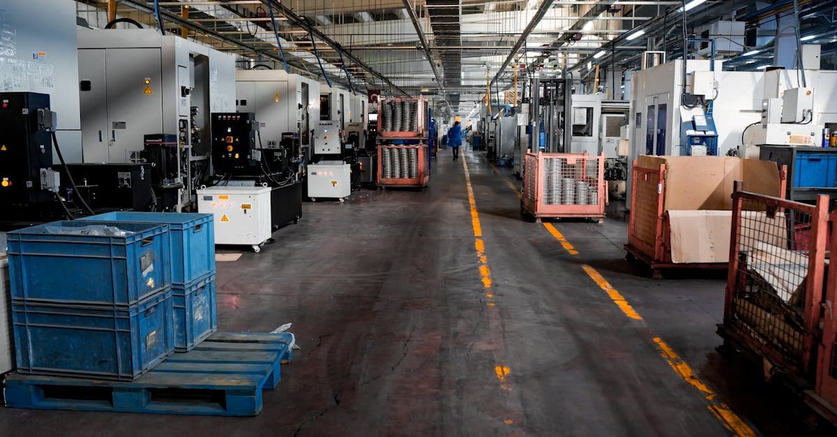 Lean manufacturing production line with organized workstations and visual management boards