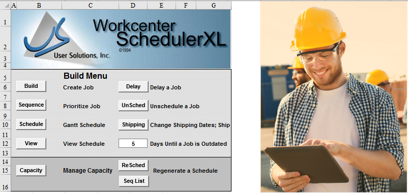 Smiling worker using tablet, scheduling software screenshot.