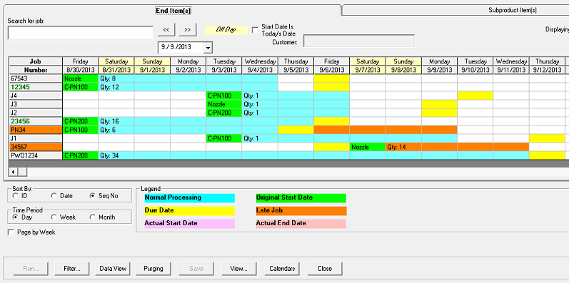 Color-coded production job schedule spreadsheet.