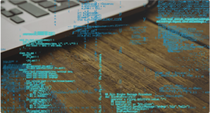 Laptop with code, digital cybersecurity concept.