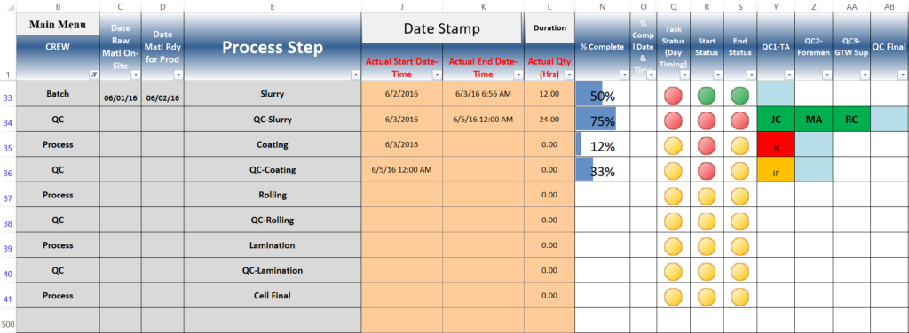 Color-coded project management timeline spreadsheet.