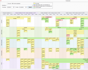 Color-coded spreadsheet with data and schedules