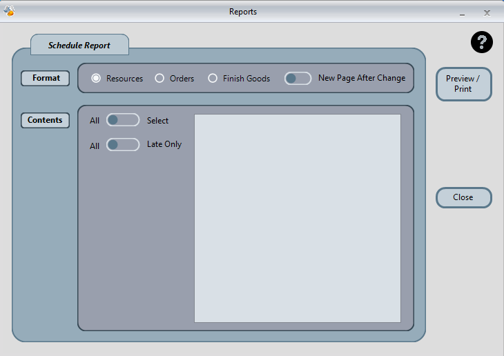 Screenshot of a schedule report software interface.