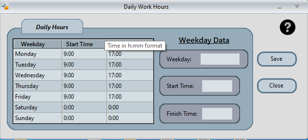 Screenshot of Daily Work Hours tracking software interface.