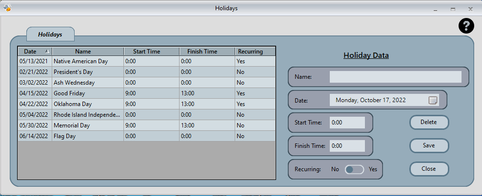 Screenshot of holiday management software interface with dates and times.