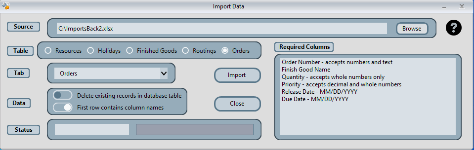 Data import software window with options and required columns.