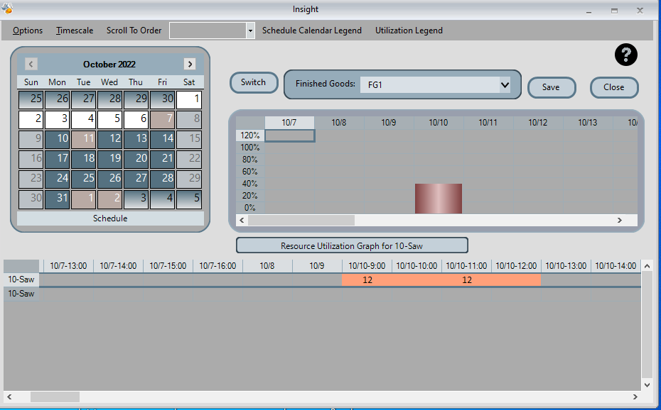 Screenshot of scheduling software with calendar and utilization graph.