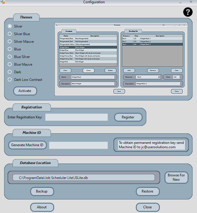 Software configuration interface with theme options and registration fields.