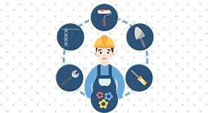 Illustration of a worker with construction tools icons.